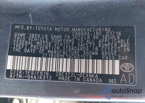 2016 Toyota Corolla Le z USA, uszkodzony, nr VIN 2T1BURHE1GC601578